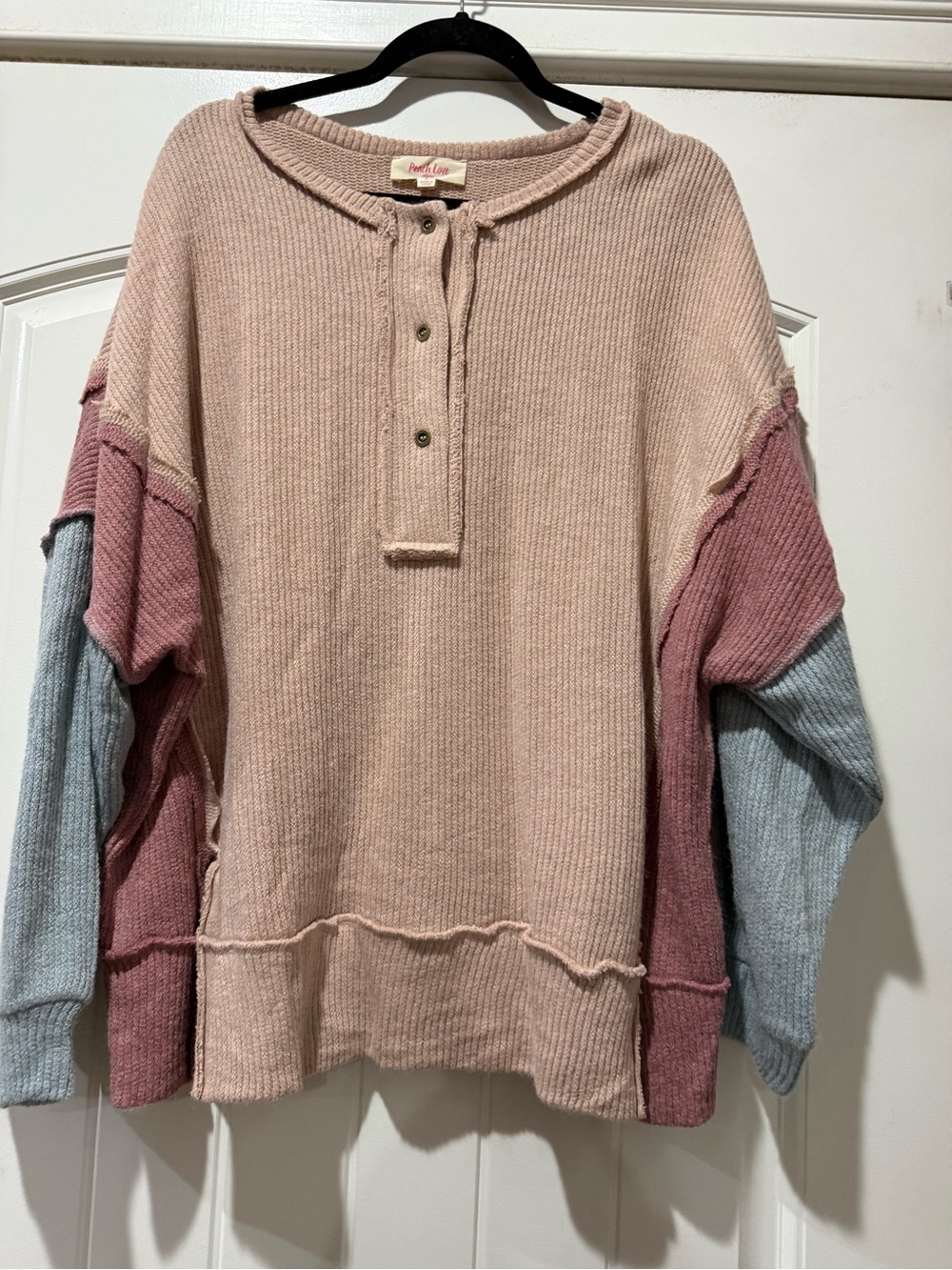 Peach Love California Pink, Mauve & Light Blue Colorblock Waffle Henley Sweater